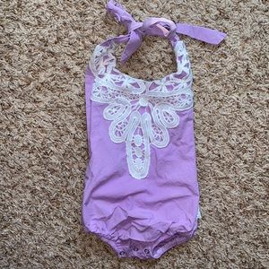 18M purple backless tie-neck onesie.